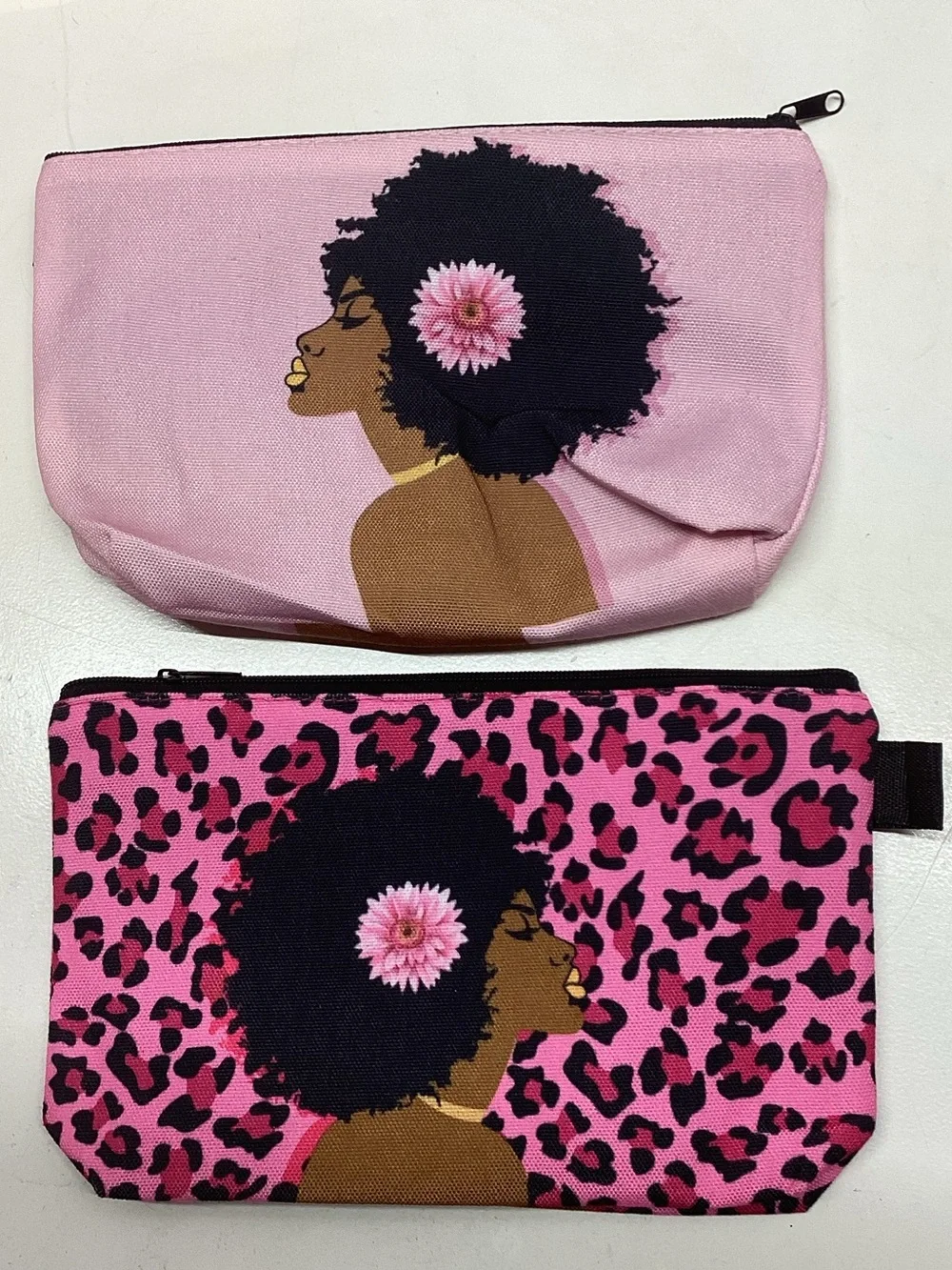 Set of 2 Pink Afro Melanin Queen Cosmetic Makeup Bags